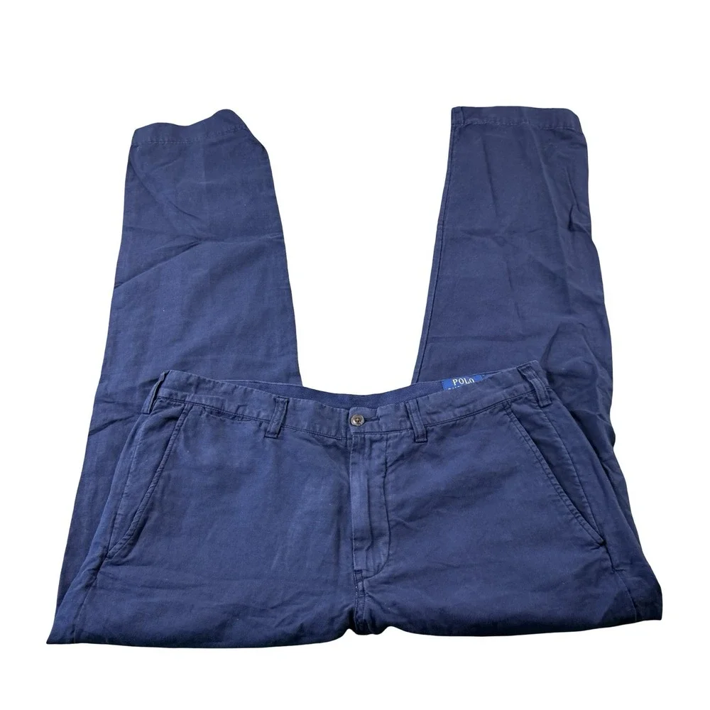 Polo Ralph Lauren Blue Indigo Linen Cotton Chino Pants 36x32 Straight Fit
